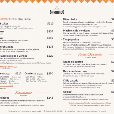 Barranco breakfast menu with various Mexican dishes and prices listed in Spanish.