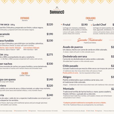 Restaurant menu in Spanish with various dishes and prices.