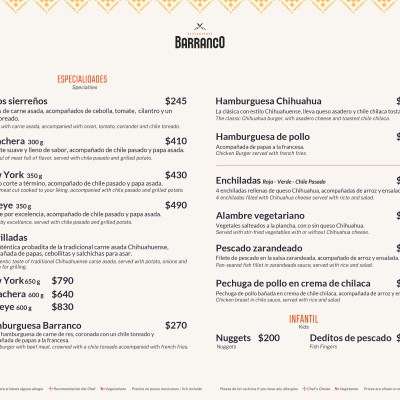 Restaurant menu displaying various meat and vegetarian dishes with prices in Mexican pesos.