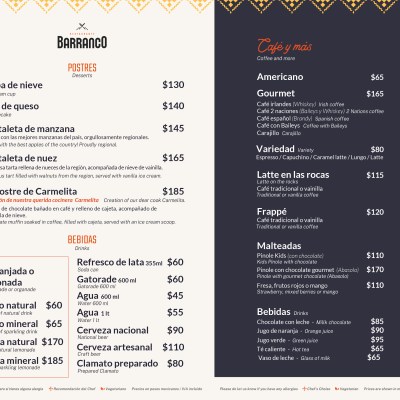 Menu featuring desserts, drinks, and coffee options with prices in a decorative layout.