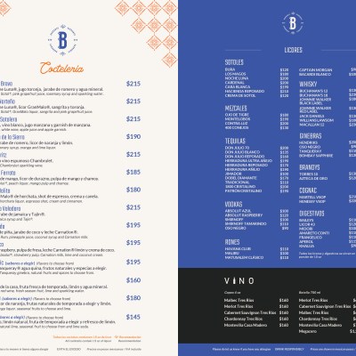 Two-column drink menu with cocktails on the left and spirits on a blue background on the right.