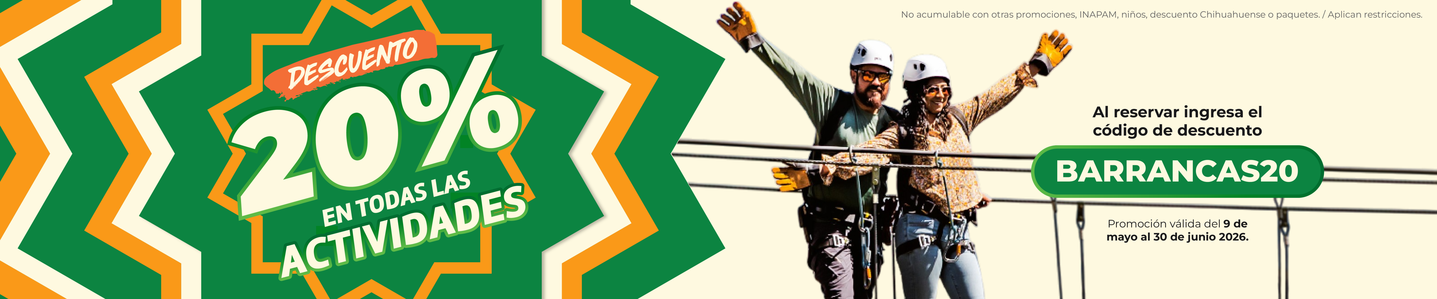 Banner showing 20% discount on activities with two people wearing helmets.